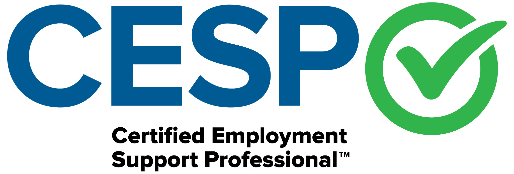 The logo for 'Certified Employment Support Professional' features the large, bold blue letters 'CESP'. To the right of 'P', there is a large green circle with a white checkmark inside. Below the letters, the full title 'Certified Employment Support Professional™' is written in black, bold text.