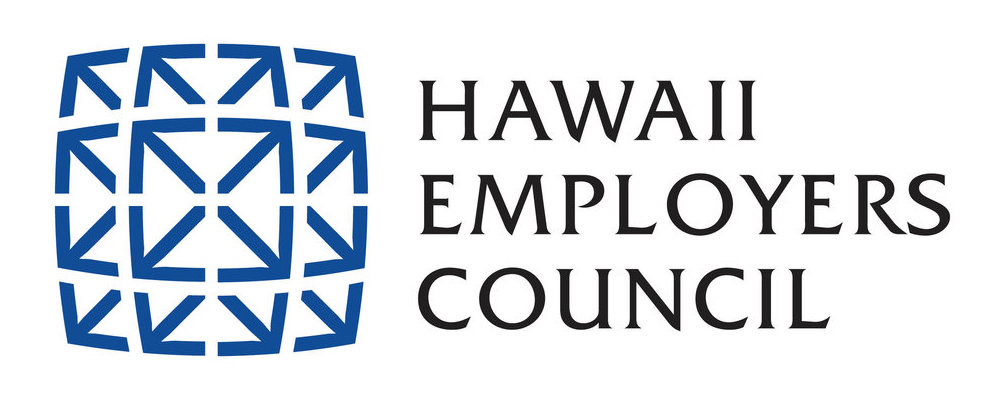 The logo for the 'Hawaii Employers Council' features a blue geometric pattern on the left, resembling interconnected shapes within a square. To the right, the words 'HAWAII EMPLOYERS COUNCIL' are stacked in three lines in black capital letters.